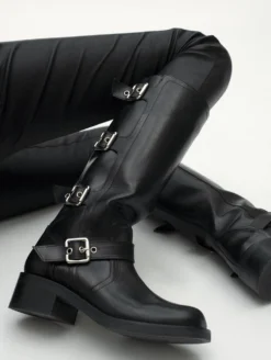 Bottes Biker Multiboucles En Cuir Noir