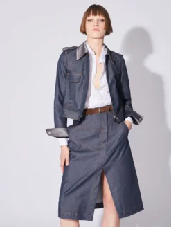 Blouson Zippé Court En Denim Lavé Bleu