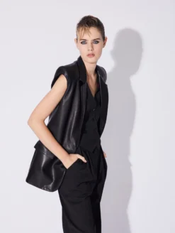 Veste Sans Manches En Cuir D'agneau Plongé Noir