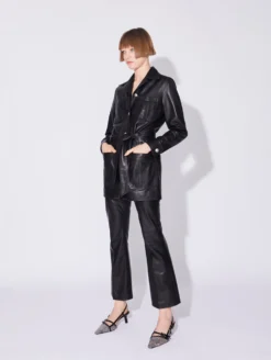 Veste Saharienne En Cuir D'agneau Plongé Noir