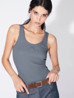 Débardeur Col Rond En Jersey à Côtes Bleu