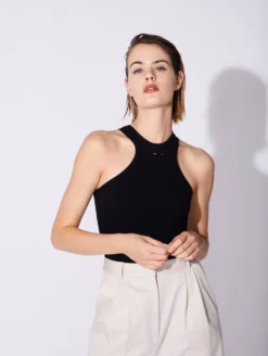 Débardeur Encolure Américaine Jersey à Côtes Noir