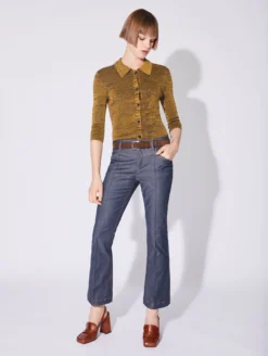 Pantalon Trompette 7/8 En Denim Lavé Bleu