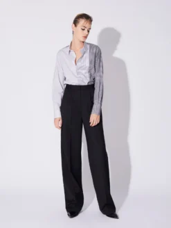 Pantalon à Plis Taille Haute En Laine Stretch Noir