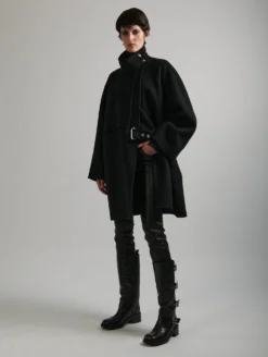 Manteau à Col Montant En Laine Double Face Noir