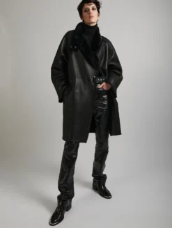 Manteau à Col Montant En Peau Lainée Noir