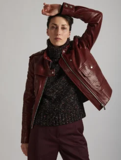 Blouson Pilote En Cuir Plongé Bordeaux