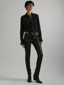 Pantalon Coupe Slim En Cuir Plongé Stretch Noir