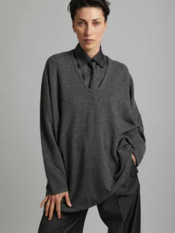 Pull Col V Ample En Laine Et Cachemire Gris