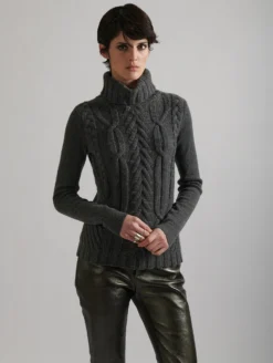 Pull à Col Roulé En Maille Cachemire Torsadée Gris