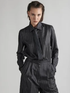 Cravate Fine En Twill Imprimé Flanelle Rayée Grise