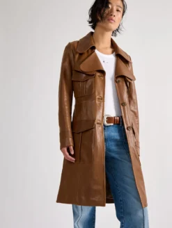 Manteau Trench-coat En Cuir Plongé Camel