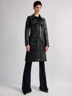 Manteau Trench-coat En Cuir Plongé Navy