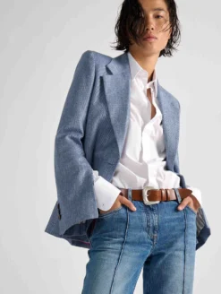 Veste Cintrée En Toile Lin Et Coton Bleue