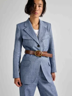 Veste 4 Poches En Toile Lin Et Coton Bleue