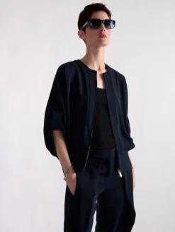 Blouson En Crêpe Fluide Zippé Marine