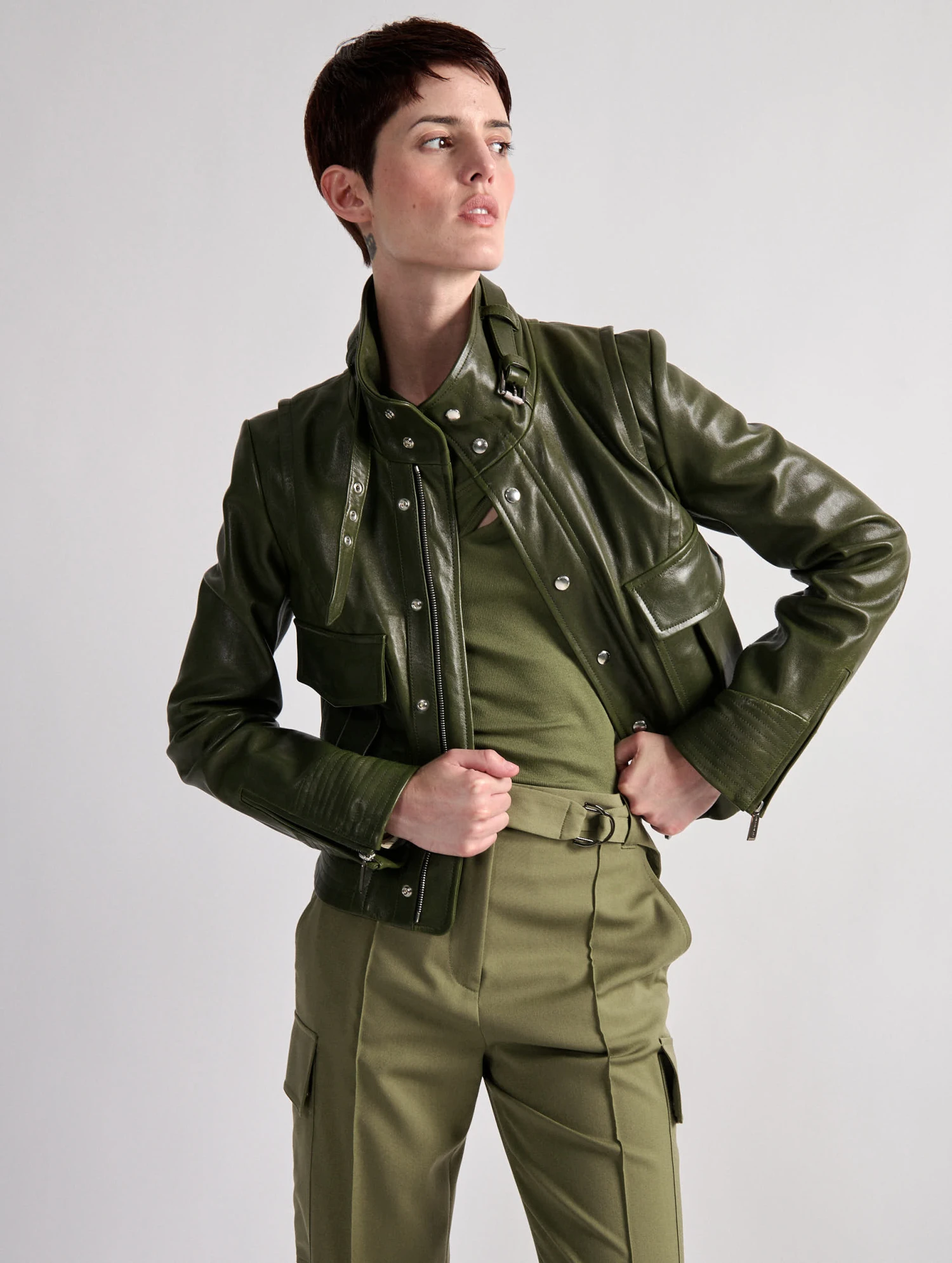 Blouson à Col Montant En Cuir Plongé Kaki 3 Blouson à Col Montant En Cuir Plongé Kaki – Image 3