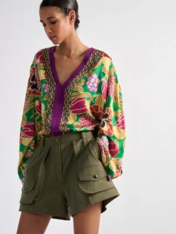 Top Manches Longues En Satin Imprimé Geisha