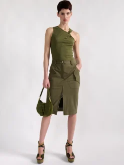 Jupe Crayon Zippée En Gabardine Stretch Kaki