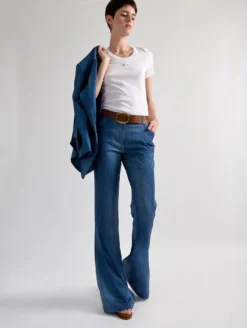 Pantalon Flare Fluide à Imprimé Denim