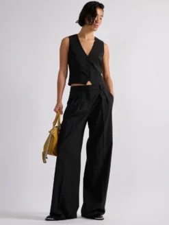 Pantalon Taille Basse En Toile De Laine Noir