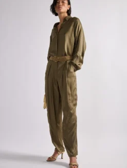 Pantalon à Plis En Satin De Viscose Léger Kaki