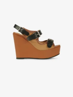 Sandales Compensées En Cuir Et Tissu Camel