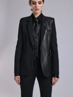 Veste à Manches Zippées En Crêpe Et Cuir Noire