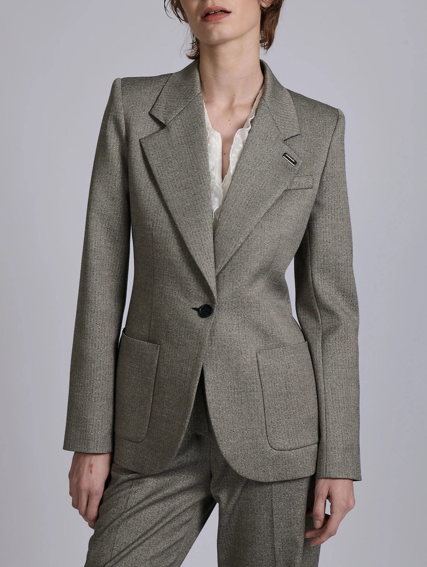 Veste Cintrée à Micro Chevrons Grise 6 Veste Cintrée à Micro Chevrons Grise – Image 6