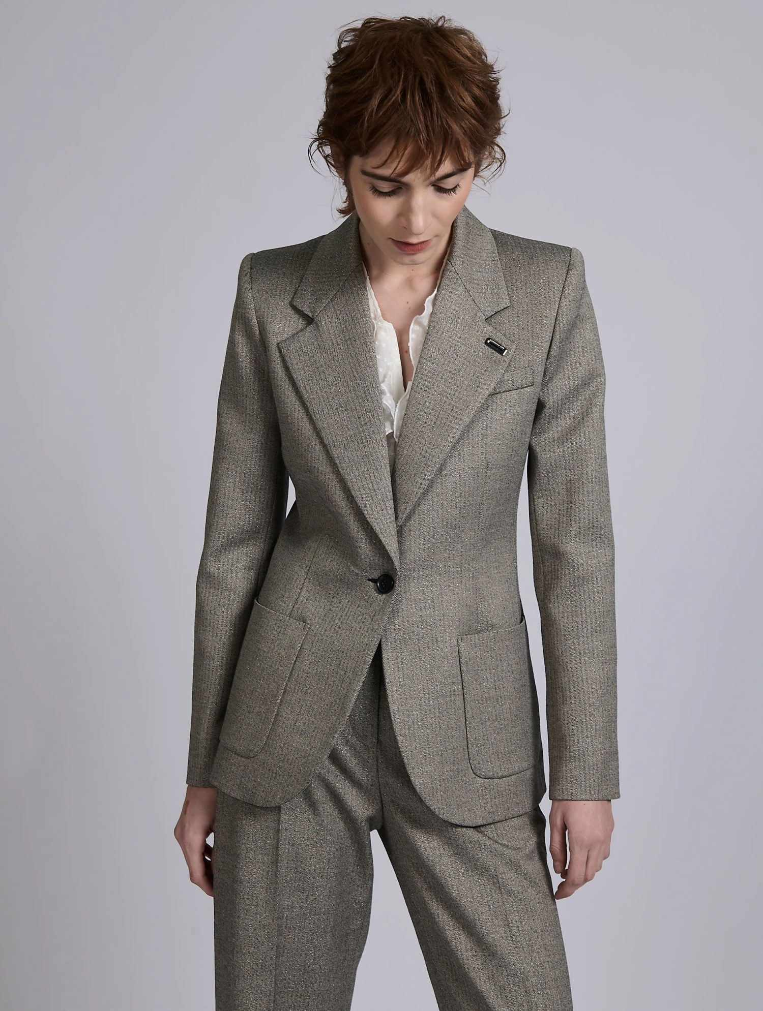 Veste Cintrée à Micro Chevrons Grise 5 Veste Cintrée à Micro Chevrons Grise – Image 5