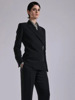 Veste Zippée En Crêpe Et Cuir Noir