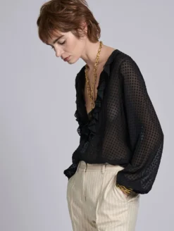 Blouse à Volants En Jacquard Plumetis Noire