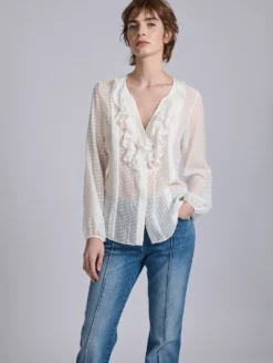 Blouse à Volants En Jacquard Plumetis Blanche